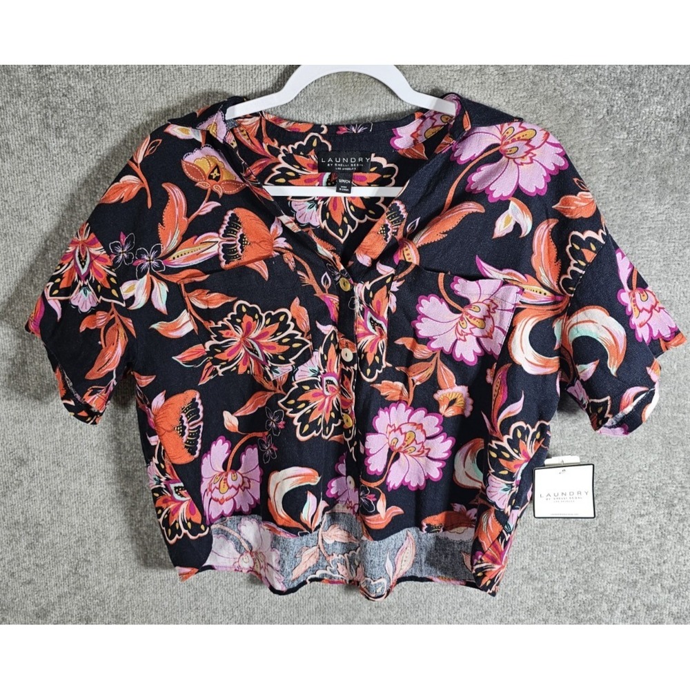 Laundry Shelli Segal Linen‎ Blend Button Up Crop Top Womens Sz Small Floral New